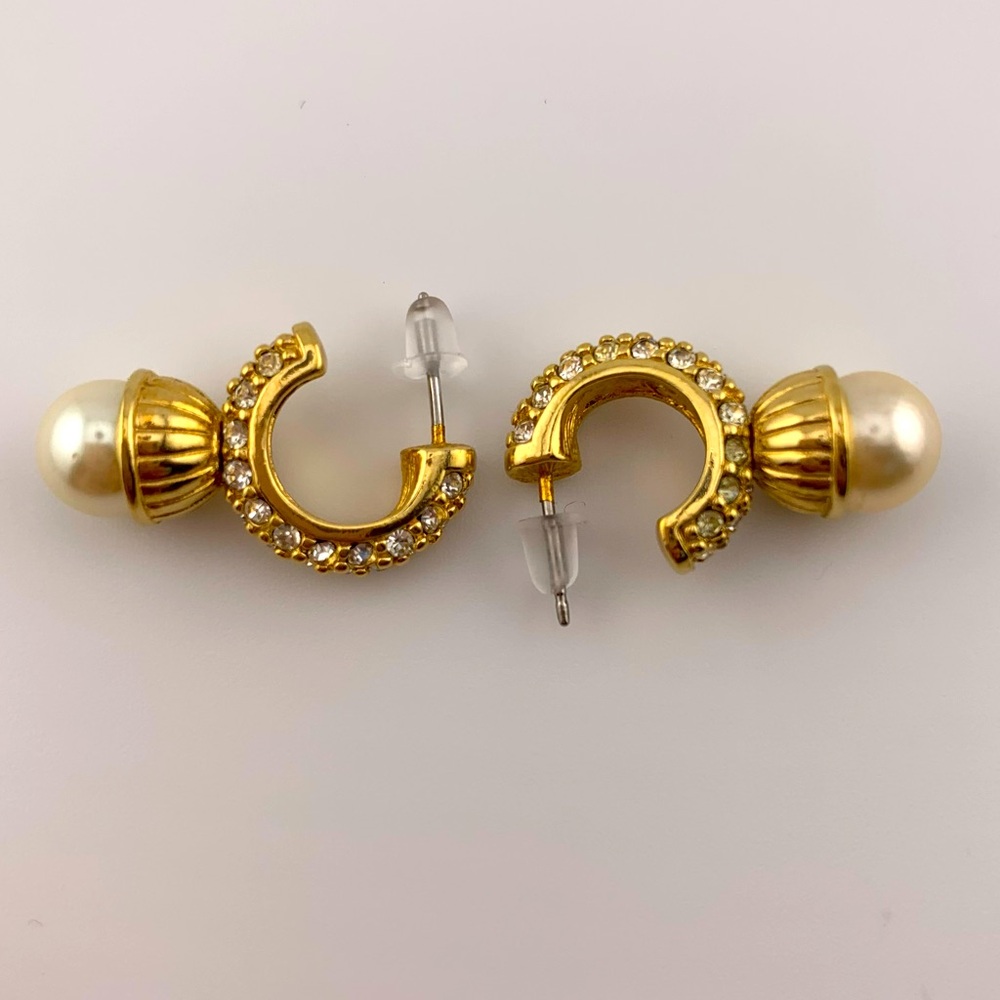 SWAROVSKI Austrian Crystal Faux Pearl Hoop Gold Plate Earrings Post Signed VTG